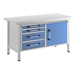 eurokraft pro Werkbank, Gestellbauweise, Breite 1500 mm, 4 Schubladen, 1 Tür, lichtblau, Universalplatte