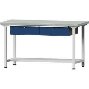 ANKE Werkbank, Gestellbauweise Serie V, 2 Schubladen, 1 Ablageboden, Breite 1500 mm, Stahlblechbelagplatte