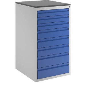 Schubladenschrank mit Teleskopführungen, Höhe 1030 mm, Schubladen 3 x 90, 3 x 120, 2 x 150 mm, lichtgrau / enzianblau, Breite 580 mm