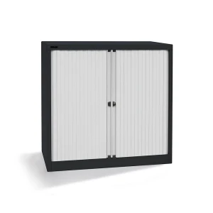 BISLEY Euro-Rollladenschrank, Breite 1000 mm, 2 Fachböden, tiefschwarz / lichtgrau