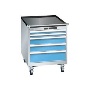 LISTA Schubladenschrank, Breite 564 mm, fahrbar, 5 Schubladen, HxT 723 x 725 mm, lichtgrau / lichtblau
