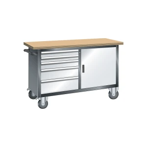 LISTA Kompaktwerkbank, fahrbar, 5 Schubladen, 1 Tür, 1 Fachboden, Korpus grau metallic, Front lichtgrau