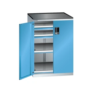 LISTA Schubladenschrank mit Flügeltüren, Höhe 1020 mm, 2 Böden, 2 Schubladen, Traglast 75 kg, lichtgrau / lichtblau
