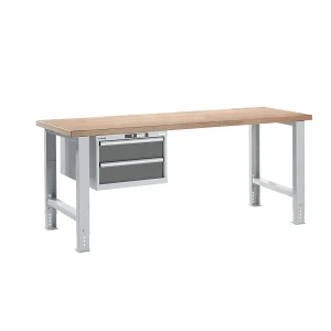 LISTA Werkbank im Baukastensystem, Höhe 740 - 1090 mm, Hängeschrank, 2 Schubladen, graumetallic, Tischbreite 2000 mm