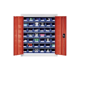 eurokraft pro Materialschrank mit Lagerkästen, Höhe 780 mm, 6 Fachböden, lichtgrau / verkehrsrot