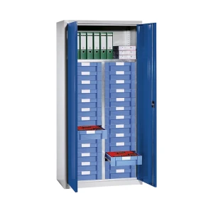 eurokraft pro Material- und Schubladenschrank, 1 Fachboden, 26 Schubladen, lichtgrau RAL 7035 / enzianblau RAL 5010
