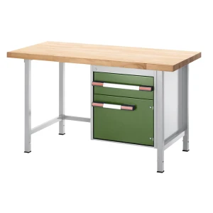 eurokraft pro Höhenverstellbare Werkbank, Gestellbauweise, 1 Schublade, 1 Flügeltür, Breite 750 mm, lichtgrau / grün