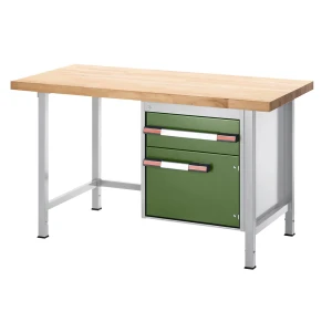 eurokraft pro Höhenverstellbare Werkbank, Gestellbauweise, 1 Schublade, 1 Flügeltür, Breite 1000 mm, lichtgrau / grün