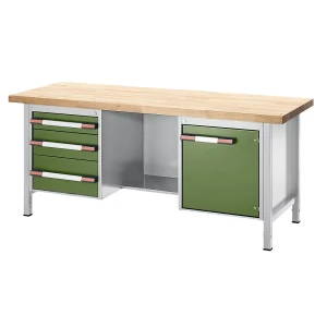 eurokraft pro Höhenverstellbare Werkbank, Gestellbauweise, 3 Schubladen, 1 Tür, 1 Ablageboden, Breite 2000 mm, lichtgrau / grün