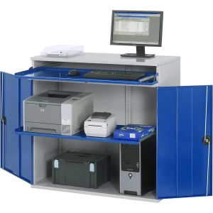 Computer-Arbeitsstation, Schrankgehäuse mit 1 Ausziehboden, Breite 1100 mm, lichtgrau / enzianblau