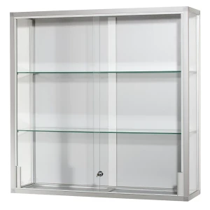 Wandvitrine, Höhe 1000 mm, 2 Schiebetüren, BxT 1500 x 300 mm, Edelstahl-Optik kaiserkraft