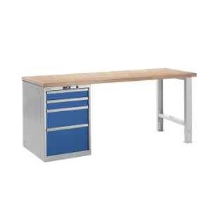 LISTA Sistema de bancadas de trabalho , altura 840 mm, armário inferior, 4 gavetas, azul genciana, largura da mesa 2000 mm, Sistema de bancadas de
