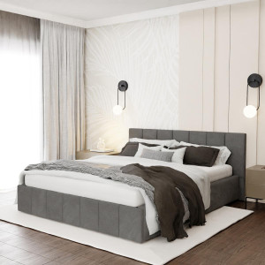 Łóżko tapicerowane 140x200 premium z pojemnikiem do sypialni szare wezgłowie 107 cm