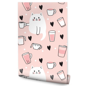 Tapeta Dla Dziecka KOTKI Mleko Serduszka Kropki