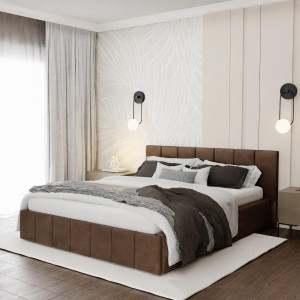 Łóżko tapicerowane 140x200 premium z pojemnikiem do sypialni brązowe wezgłowie 107 cm
