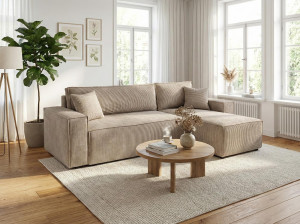 Narożnik Modena 230x52x130 cm z funkcją spania i pojemnikiem sztruks beżowy do salonu