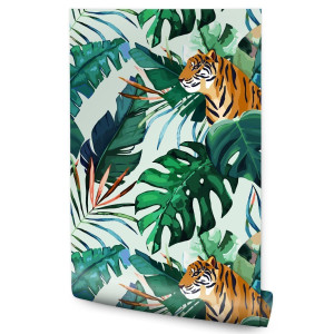 Tapeta Tropikalne LIŚCIE Tygrysy Akwarela Monstera 53x1000