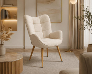 Fotel uszak tapicerowany wypoczynkowy 69x63x89 cm do salonu biura nogi dąb beżowy
