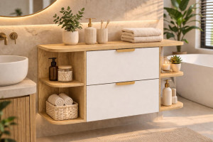 Szafka pod umywalkę 100 cm z blatem Aster White zestaw regał otwarty wisząca gładka biała dąb cremona do łazienki