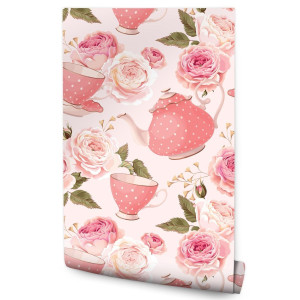 Tapeta Do Kuchni KWIATY Imbryki Filiżanki Liście