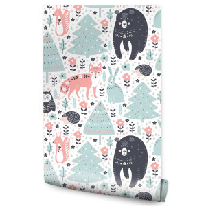Tapeta Dziecięca Pastelowe ZWIERZĄTKA Leśne Drzewa 53x1000
