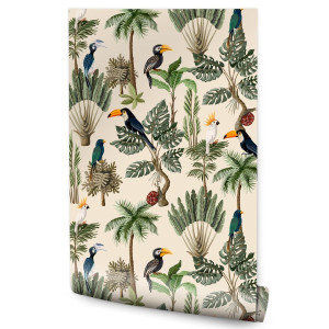 Tapeta Styl Retro Egzotyczne PTAKI Liście Monstera