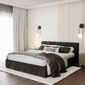 Łóżko tapicerowane 140x200 premium z pojemnikiem do sypialni czarne wezgłowie 107 cm