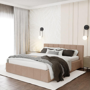 Łóżko tapicerowane 160x200 premium z pojemnikiem do sypialni beżowe wezgłowie 107 cm