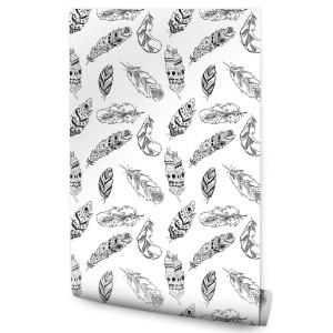 Tapeta Dla Młodzieży Czarno-Białe PIÓRA Styl Boho