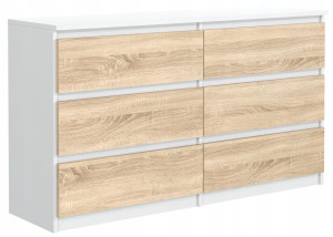 Komoda 79x120x39 cm z 6 szufladami biała front dąb sonoma do salonu i sypialni