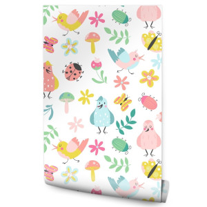 Tapeta Dziecięca PTAKI Kwiaty Liście Motyle Natura 53x1000