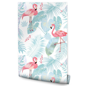 Tapeta Flamingi i Egzotyczne Liście w Pastelowych Kolorach  53x1000
