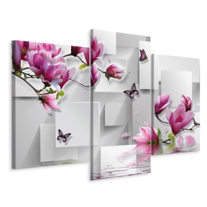 Obraz Tryptyk do Salonu Canvas KWIATY Magnolie Motyle Dekor na Płótnie 60x40
