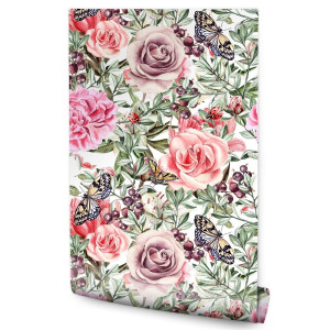 Tapeta Akwarelowe Róże Peonie KWIATY Owoce Motyle 53x1000