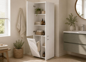 Słupek łazienkowy z dostawą najtaniej LUBA 1K DD 174x60x30 cm szafka łazienkowa kosz na pranie regał biały mat