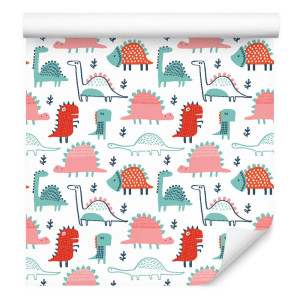 Tapeta do pokoju dziecka kolorowe dinozaury liście