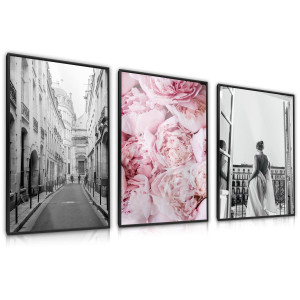 Zestaw 3x Plakat W Ramie KWIATY Kobieta Architektura Styl Glamour 60x80cm