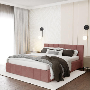 Łóżko tapicerowane 160x200 premium z pojemnikiem do sypialni różowe wezgłowie 107 cm