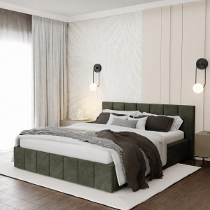 Łóżko tapicerowane 160x200 premium z pojemnikiem do sypialni khaki wezgłowie 107 cm