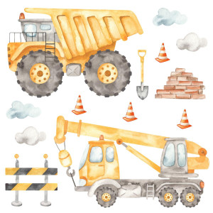 Naklejki Ścienne Dla Dzieci Akwarelowe MASZYNY Budowlane Wywrotka ZESTAW
