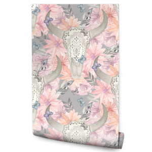 Tapeta W Rolce BOHO Kwiaty Czaszki Pióra Dekoracja