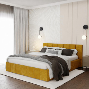 Łóżko tapicerowane 140x200 premium z pojemnikiem do sypialni żółte wezgłowie 107 cm