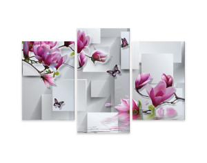 Obraz Tryptyk do Salonu Canvas KWIATY Magnolie Motyle Dekor na Płótnie 120x80