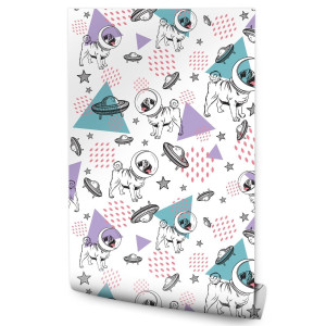Tapeta Pieski MOPSY Astronauci UFO Gwiazdki Wzorki