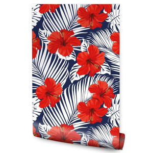 Tapeta Ścienna HIBISKUS Kwiaty Liście Tropikalne 53x1000