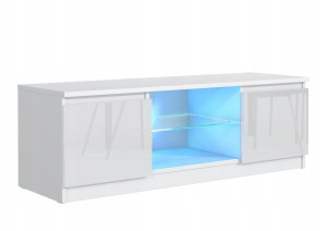 Szafka RTV 40x140x39 cm biała front połysk półka szklana z LED do salonu