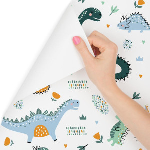 Tapeta do pokoju dziecka dinozaury, liście, kwiaty