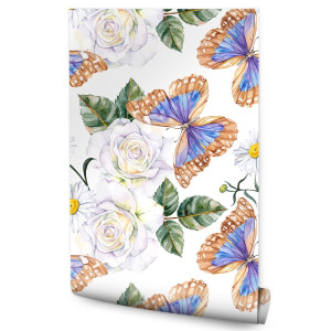 Tapeta do kuchni, róże kwiaty zieleń motyle natura