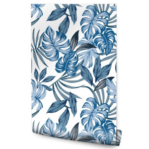 Tapeta Ścienna Niebieskie LIŚCIE Monstera Ozdoba 53x1000