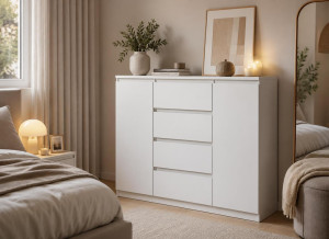Komoda 120 cm MARTUSIA 101x120x39 cm z 2 drzwiami i 4 szufladami biała do salonu i sypialni pojemna